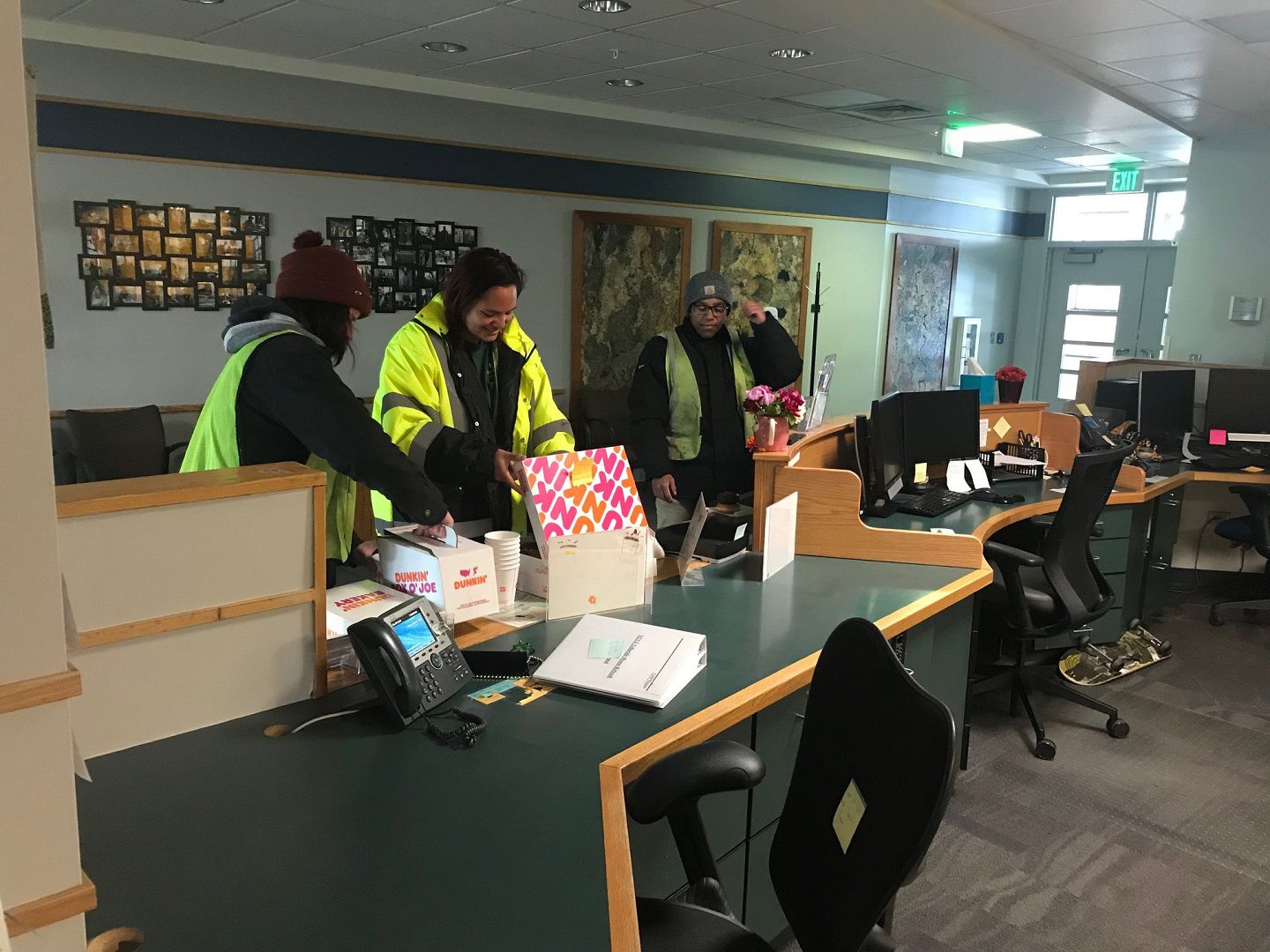 Facilities Services student employees enjoying donuts during National Student Employment Week 2020.